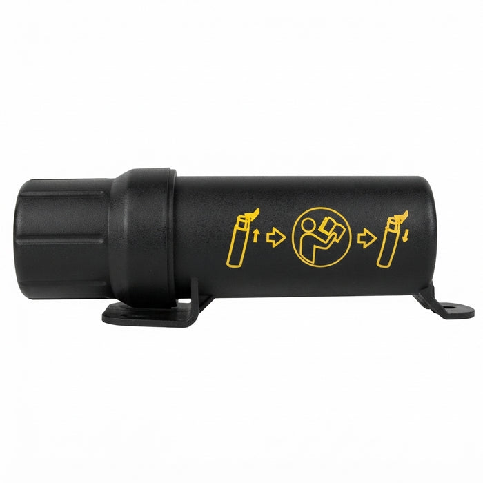 1007271 black cylindrical document holder with mounting feet, removable cap and yellow instruction symbols