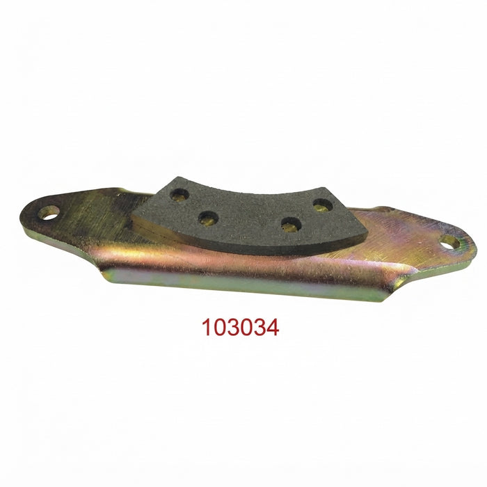 103034 Stockbridge inner brake pad with curved friction surface and mounting plate with holes at both ends