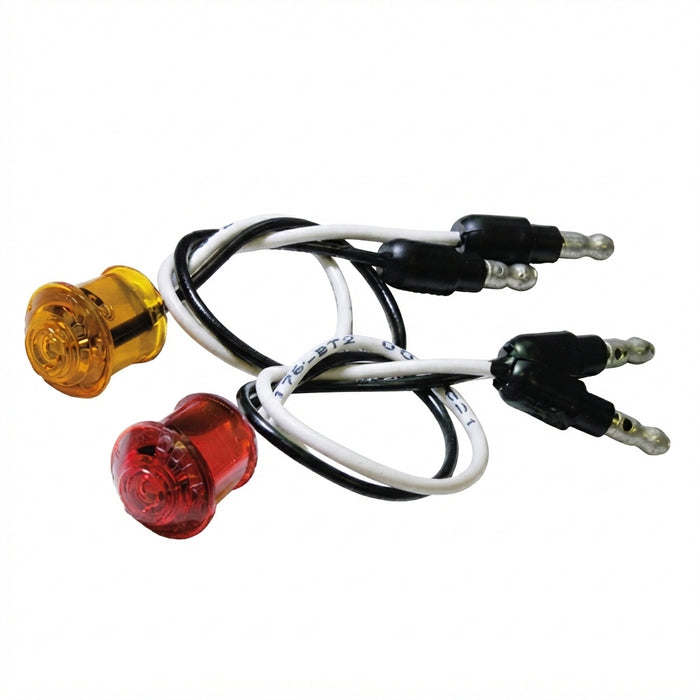 2008653 amber bullet light shown alongside a red light, both with black and white wires and bullet connectors