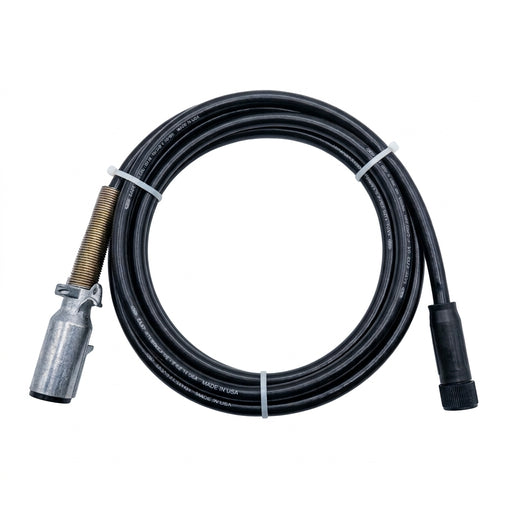 2012212 82-inch 7-pole semi-trailer wiring harness, shown coiled with metal plug and black connector