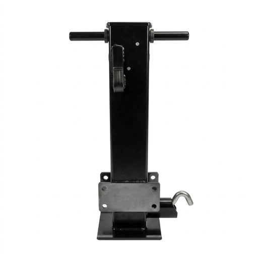 2018067 black 12K side-wind trailer jack with mounting plate and drop-leg pin, front view