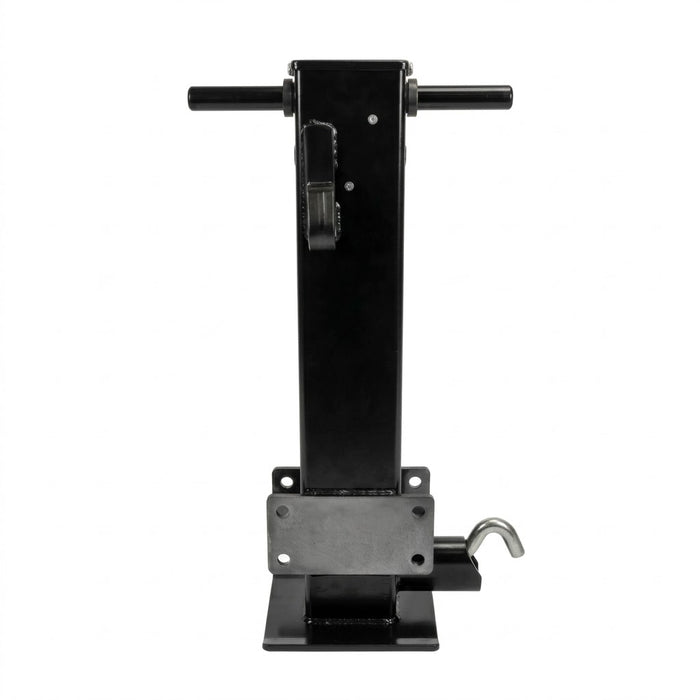 2018067 black 12K side-wind trailer jack with mounting plate and drop-leg pin, front view