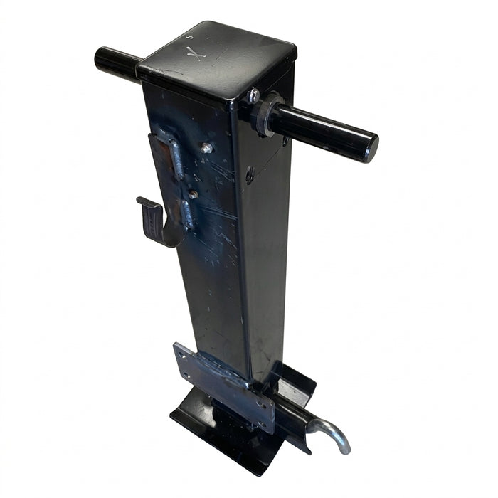 2018067 black 12K side-wind trailer jack showing top cover, drive shaft and drop-leg pin