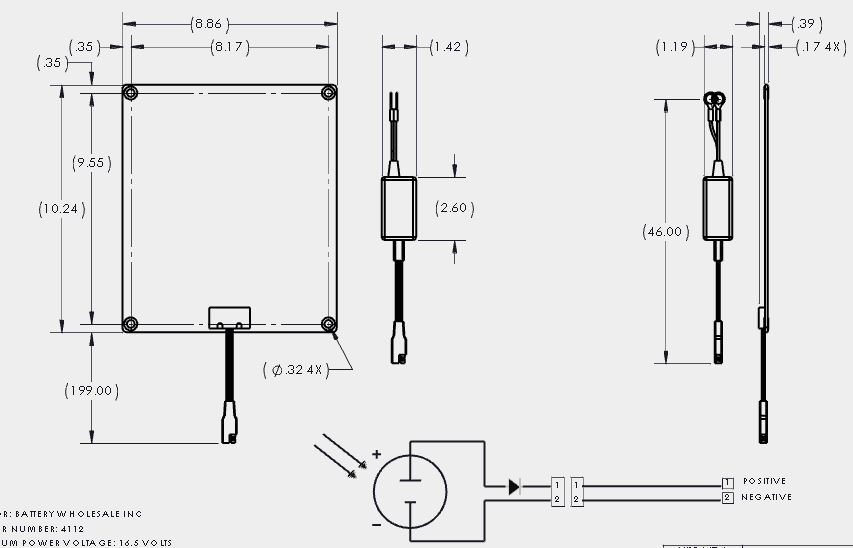 2023773 - 12V Solar Battery Charger Panel with Lead Wires & Diode Protection