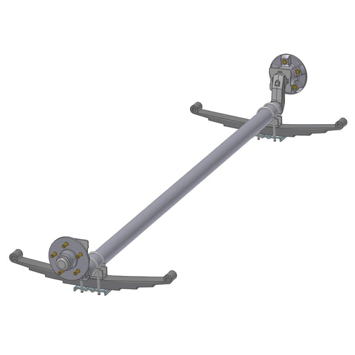 IX035D89X72I5EZ idler axle angled illustration showing axle beam, five-stud hubs and leaf springs