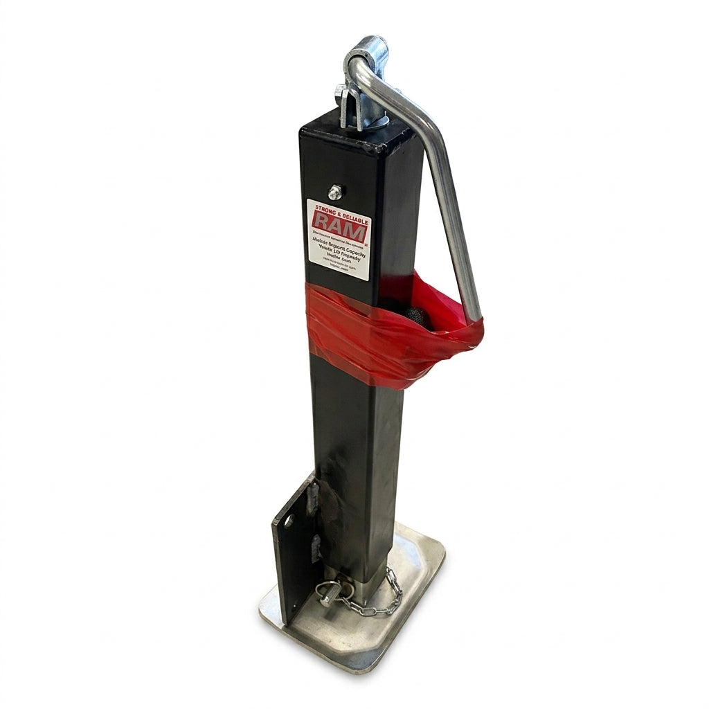 JW-1000 black 7K top-wind trailer jack with footplate and folded crank handle, front view